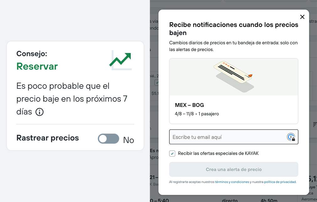 Opción alerta de precios KAYAK